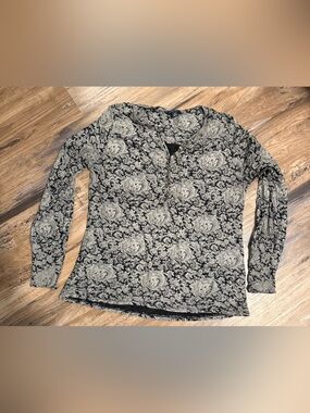 Lucky Brand Black and Cream Paisley Long Sleeve Top